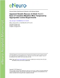 Apparent Genetic Rescue of Adult Shank3 Exon 21 Insertion Mutation Mice Tempered by Appropriate Control Experiments