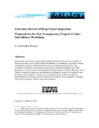 Literature Review of Deep Packet Inspection: Prepared for the New Transparency Project’S Cyber- Surveillance Workshop