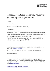 A Model of Virtuous Leadership in Africa: Case Study of a Nigerian Firm