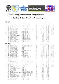 2012 Surrey Schools Ski Championships Individual Slalom Results - Secondary