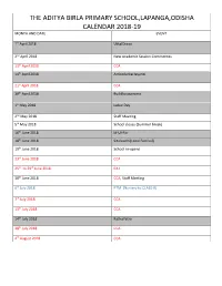 The Aditya Birla Primary School,Lapanga,Odisha Calendar 2018-19 Month and Date Event
