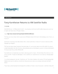Tony Kornheiser Returns to XM Satellite Radio