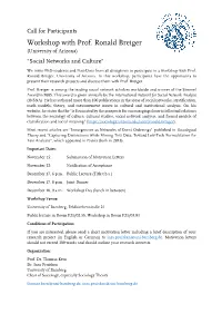 Workshop with Prof. Ronald Breiger (University of Arizona) "Social Networks and Culture"