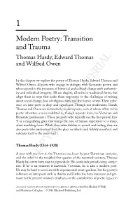 Modern Poetry: Transition and Trauma Thomas Hardy, Edward Thomas and Wilfred Owen