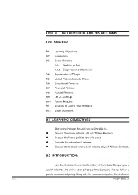 LORD BENTINCK and HIS REFORMS Unit Structure