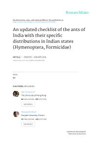 An Updated Checklist of the Ants of India with Their Specific Distributions in Indian States (Hymenoptera, Formicidae)