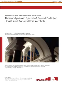 Thermodynamic Speed of Sound Data for Liquid and Supercritical Alcohols