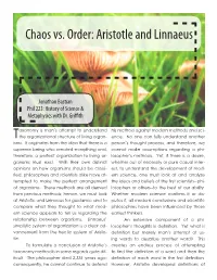 Chaos Vs. Order: Aristotle and Linnaeus