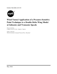 Wind Tunnel Application of a Pressure-Sensitive Paint Technique to a Double Delta Wing Model at Subsonic and Transonic Speeds