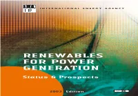 RENEWABLES for POWER GENERATION Status & Prospects RENEWABLES for POWER GENERATION