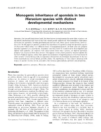 Monogenic Inheritance of Apomixis in Two Hieracium Species with Distinct Developmental Mechanisms