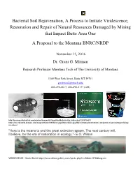 Bacterial Soil Rejuvenation, a Process to Initiate Viridescence, Restoration and Repair of Natural Resources Damaged by Mining That Impact Butte Area One