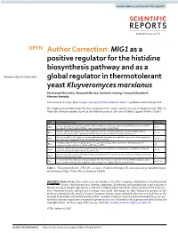 Author Correction: MIG1 As a Positive Regulator for the Histidine Biosynthesis Pathway and As A