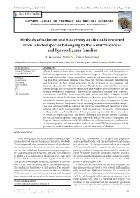 Methods of Isolation and Bioactivity of Alkaloids Obtained from Selected