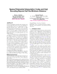 Sparse Polynomial Interpolation Codes and Their Decoding Beyond Half the Minimum Distance *