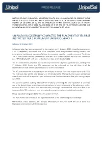 Unipolsai Successfully Completed the Placement of Its First Restricted Tier 1 Instrument Under Solvency Ii