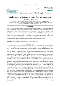 Snake Venom As Anticancer Agent- Current Perspective