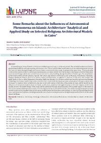 Some Remarks About the Influences of Astronomical Phenomena on Islamic Architecture “Analytical and Applied Study on Selected Religious Architectural Models in Cairo”