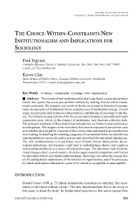 The Choice-Within-Constraints New Institutionalism and Implications for Sociology