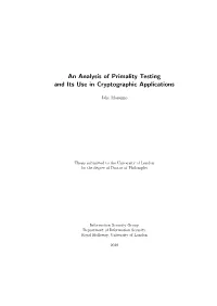 An Analysis of Primality Testing and Its Use in Cryptographic Applications