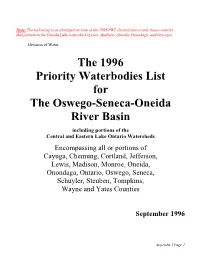 The 1996 Priority Waterbodies List for the Oswego-Seneca-Oneida River Basin