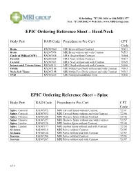 EPIC Ordering Reference Sheet – Head/Neck