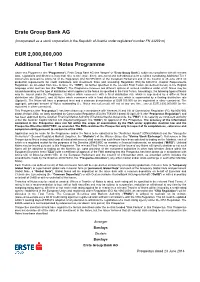 Erste Group Bank AG EUR 2,000,000,000 Additional Tier 1 Notes Programme