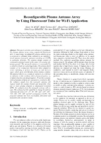 Reconfigurable Plasma Antenna Array by Using Fluorescent Tube for Wi-Fi Application