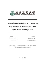 Gait-Behavior Optimization Considering Arm Swing and Toe Mechanisms for Biped Robot on Rough Road
