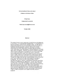 On the Identity of Value and Labour a Defence of Intrinsic Value