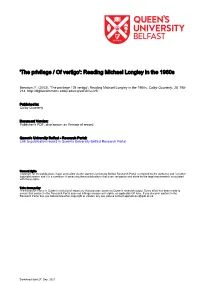 "The Privilege/Of Vertigo": Reading Michael Longley in the 1960S
