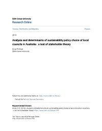 Analysis and Determinants of Sustainability Policy Choice of Local Councils in Australia : a Test of Stakeholder Theory