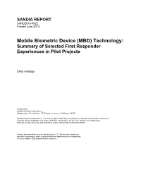 Mobile Biometric Device (MBD) Technology: Summary of Selected First Responder Experiences in Pilot Projects