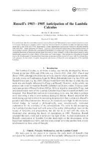 Russell's 1903 – 1905 Anticipation of the Lambda Calculus