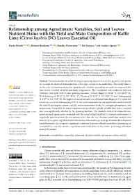Relationship Among Agroclimatic Variables, Soil and Leaves Nutrient Status with the Yield and Main Composition of Kaffir Lime