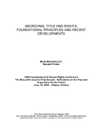 Aboriginal Title and Rights: Foundational Principles and Recent Developments