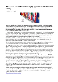 RTU FEEM and RBS Have Been Highly Appreciated in Eduniversal Ranking