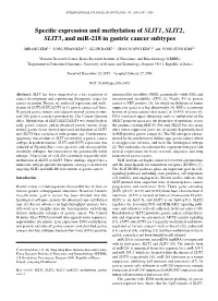 Specific Expression and Methylation of SLIT1, SLIT2, SLIT3, and Mir‑218