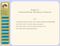Lecture 13: Propositional Logic Metatheoretic Definitions
