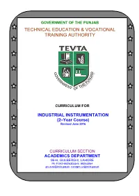 INDUSTRIAL INSTRUMENTATION (2–Year Course) Revised June 2016 CURRICULUM FOR