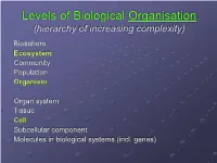 Levels of Biological Organisation (Hierarchy of Increasing Complexity) Biosphere Ecosystem Community Population Organism