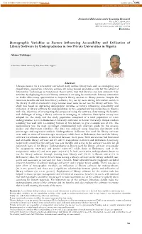 Demographic Variables As Factors Influencing Accessibility and Utilisation of Library Software by Undergraduates in Two Private Universities in Nigeria