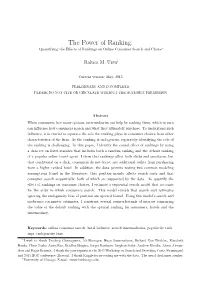 The Power of Ranking: Quantifying the Eﬀects of Rankings on Online Consumer Search and Choice∗