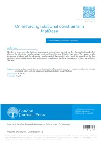 On Enforcing Relational Constraints in Matbase