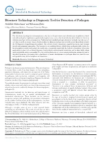 Biosensor Technology As Diagnostic Tool for Detection of Pathogen