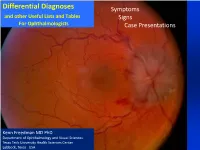 Differential Diagnoses Symptoms and Other Useful Lists and Tables Signs for Ophthalmologists Case Presentations
