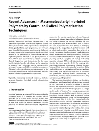Recent Advances in Macromolecularly Imprinted Polymers by Controlled Radical Polymerization Techniques