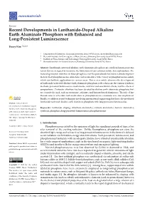 Recent Developments in Lanthanide-Doped Alkaline Earth Aluminate Phosphors with Enhanced and Long-Persistent Luminescence