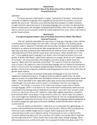 Head Games: Conceptualizing Judith Butler's Idea of the Materiality Of