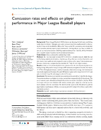 Concussion Rates and Effects on Player Performance in Major League Baseball Players